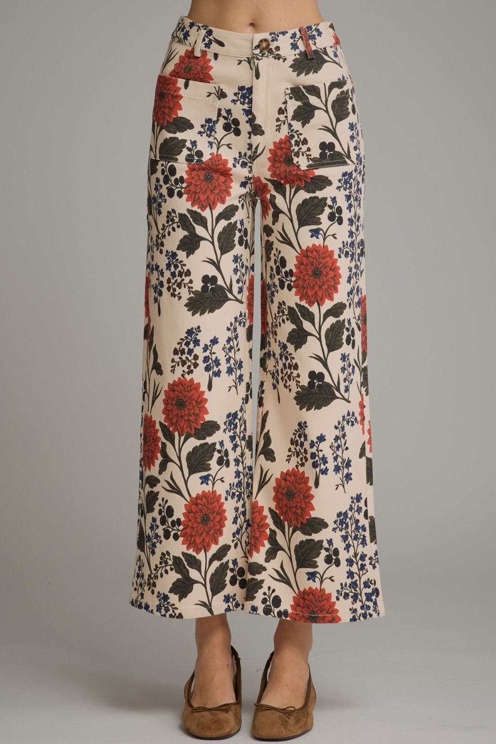 ECRU FLORAL WIDE LEG PANTS WITH PATCH POCKETS ON FRONT