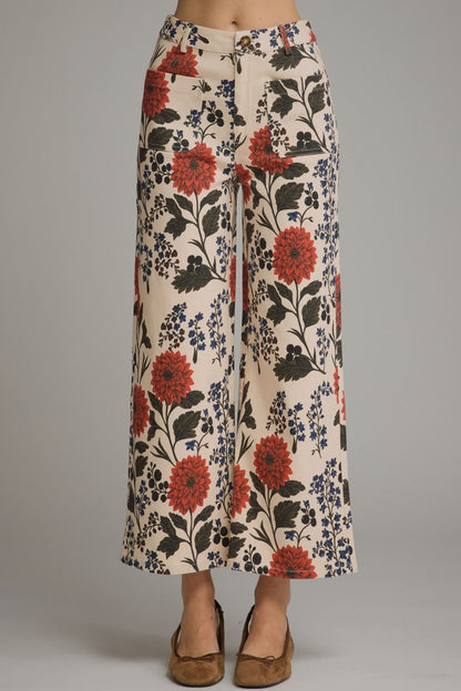 ECRU FLORAL WIDE LEG PANTS WITH PATCH POCKETS ON FRONT