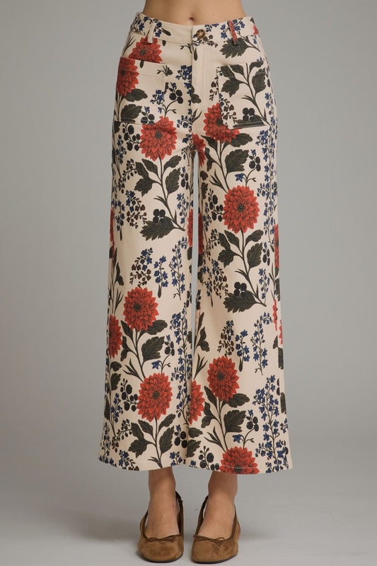 ECRU FLORAL WIDE LEG PANTS WITH PATCH POCKETS ON FRONT