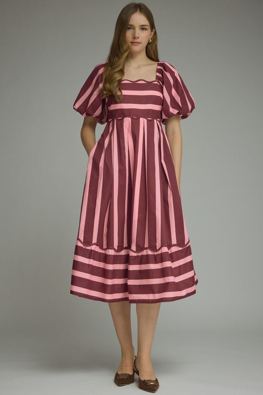 PLUM STRIPE PUFF SLEEVE MIDI DRESS