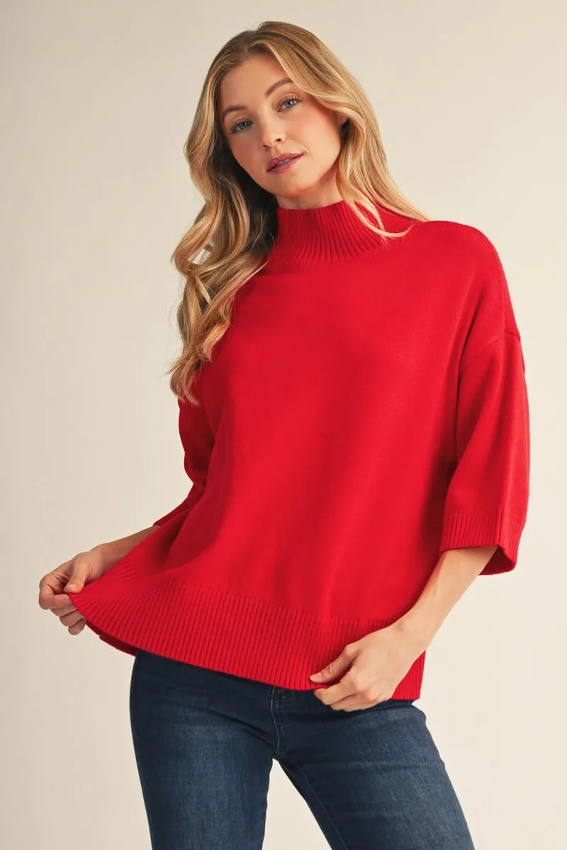RED 3/4 SLEEVE MOCK TURTLENECK SWATER TOP