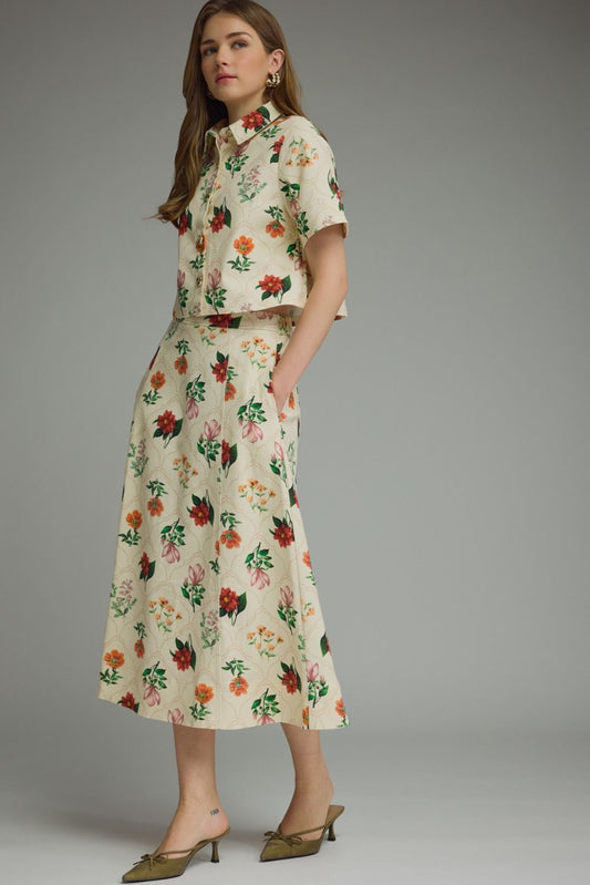 ECRU FLORAL PRINT TOP & MIDI SKIRT 2PC SET