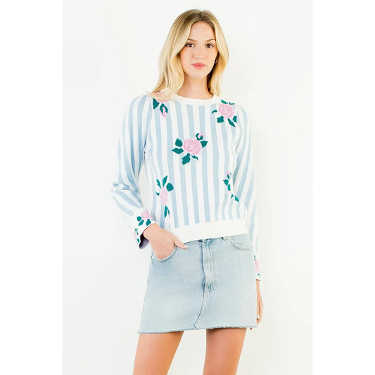 BLUE STRIPE & FLORAL PRINT SWEATER