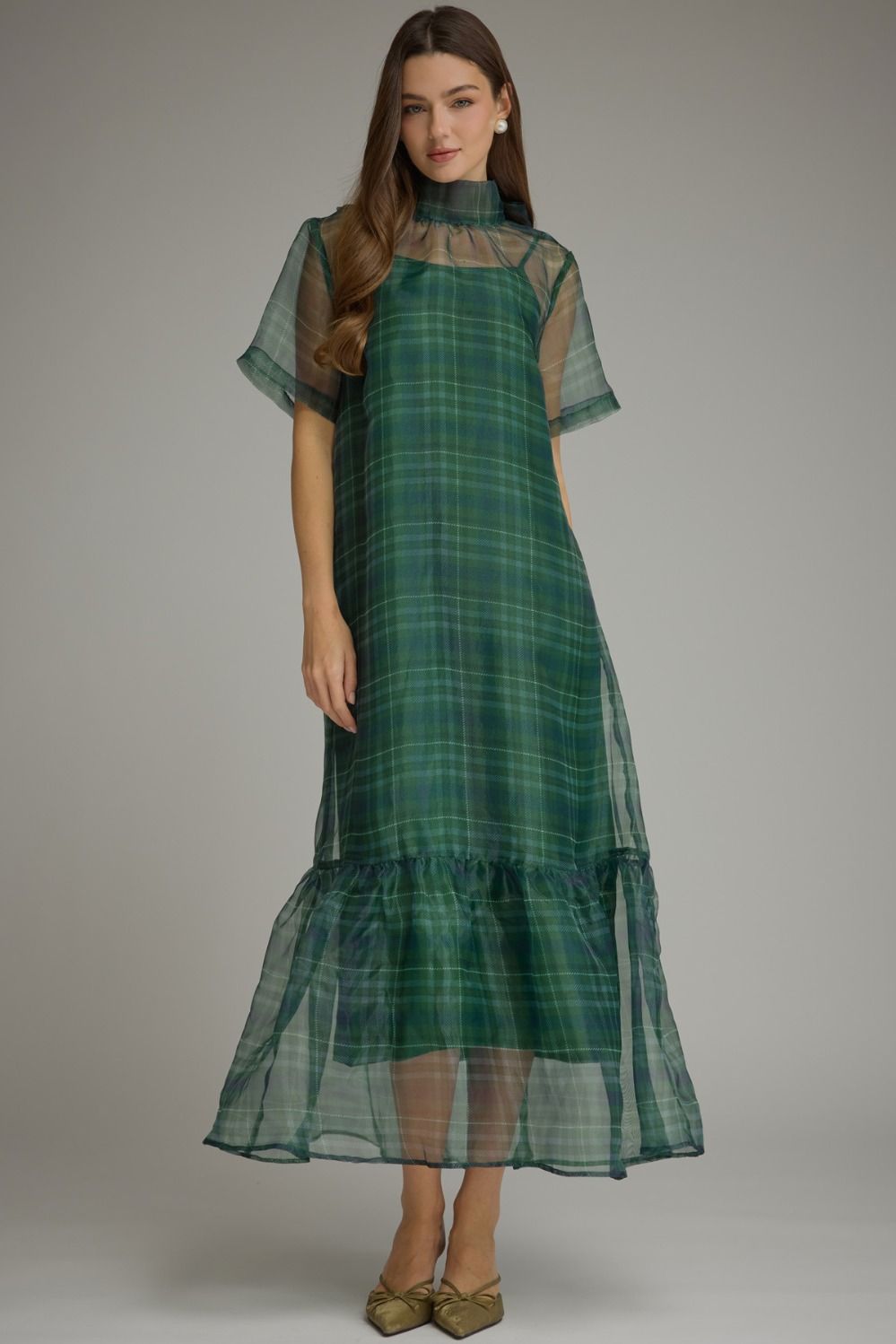 GREEN PLAID SHORT SLEEVE MIDI DRESS WITH HIGH NECK & BACK TIE DETAIL
