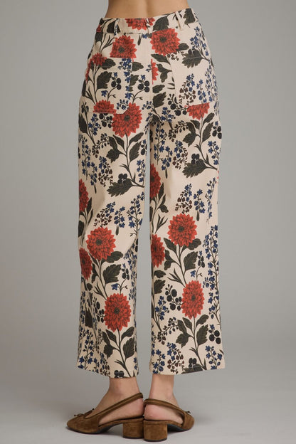 ECRU FLORAL WIDE LEG PANTS WITH PATCH POCKETS ON FRONT