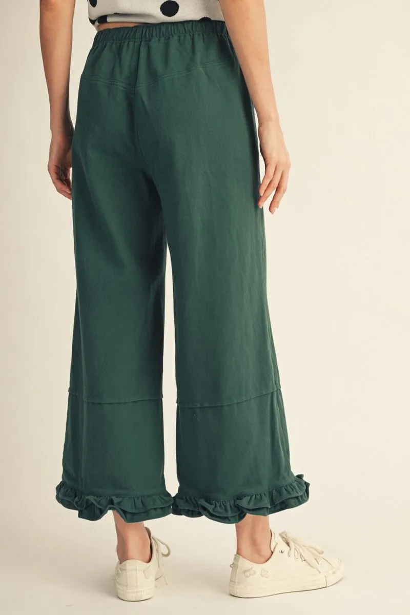 GREEN WIDE LEG PANTS WITH RUFFLE TRIM