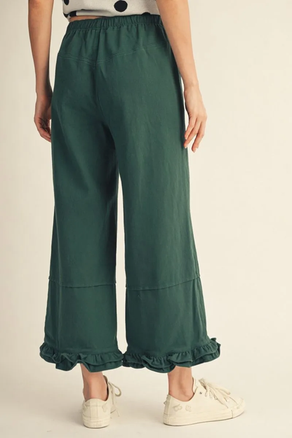 GREEN WIDE LEG PANTS WITH RUFFLE TRIM