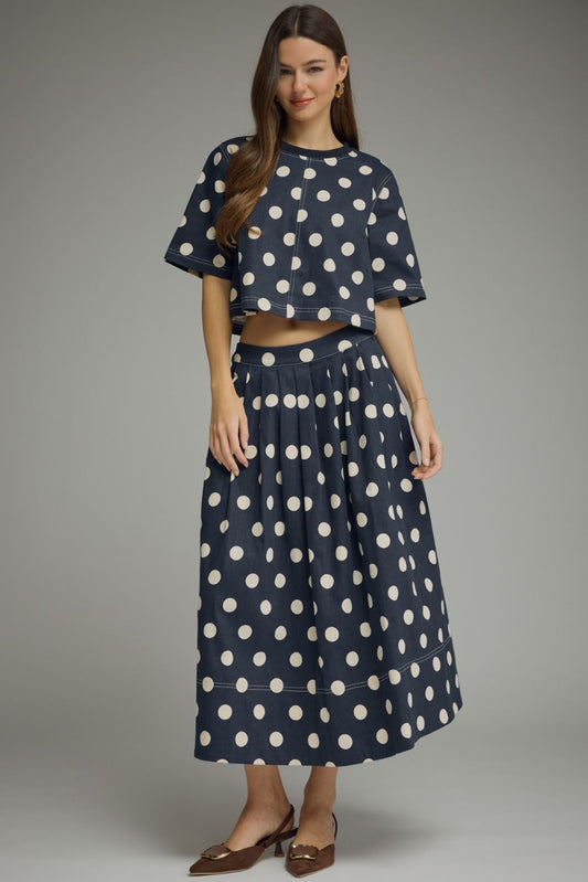 NAVY POLKA DOT SHORT SLEEVE CROP TOP & MIDI SKIRT 2PC SET