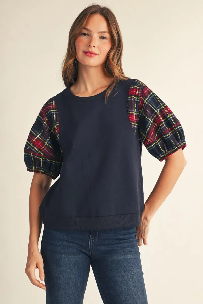 NAVY TOP WITH PLAID SHORT PUFF SLEEVES