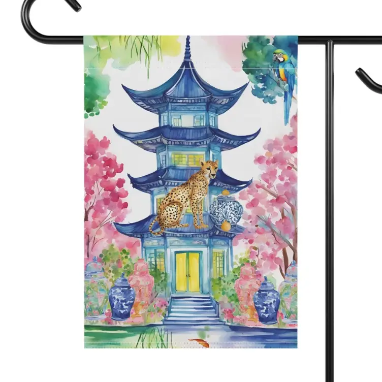 CHINOISSERIE PAGODA & CHERRY BLOSSOM GARDEN FLAG