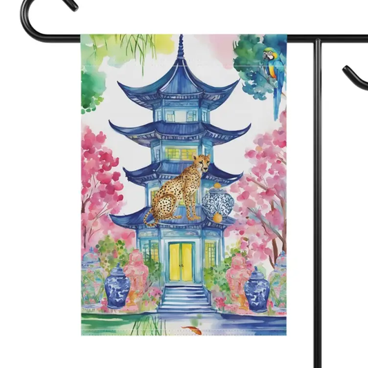 CHINOISSERIE PAGODA & CHERRY BLOSSOM GARDEN FLAG