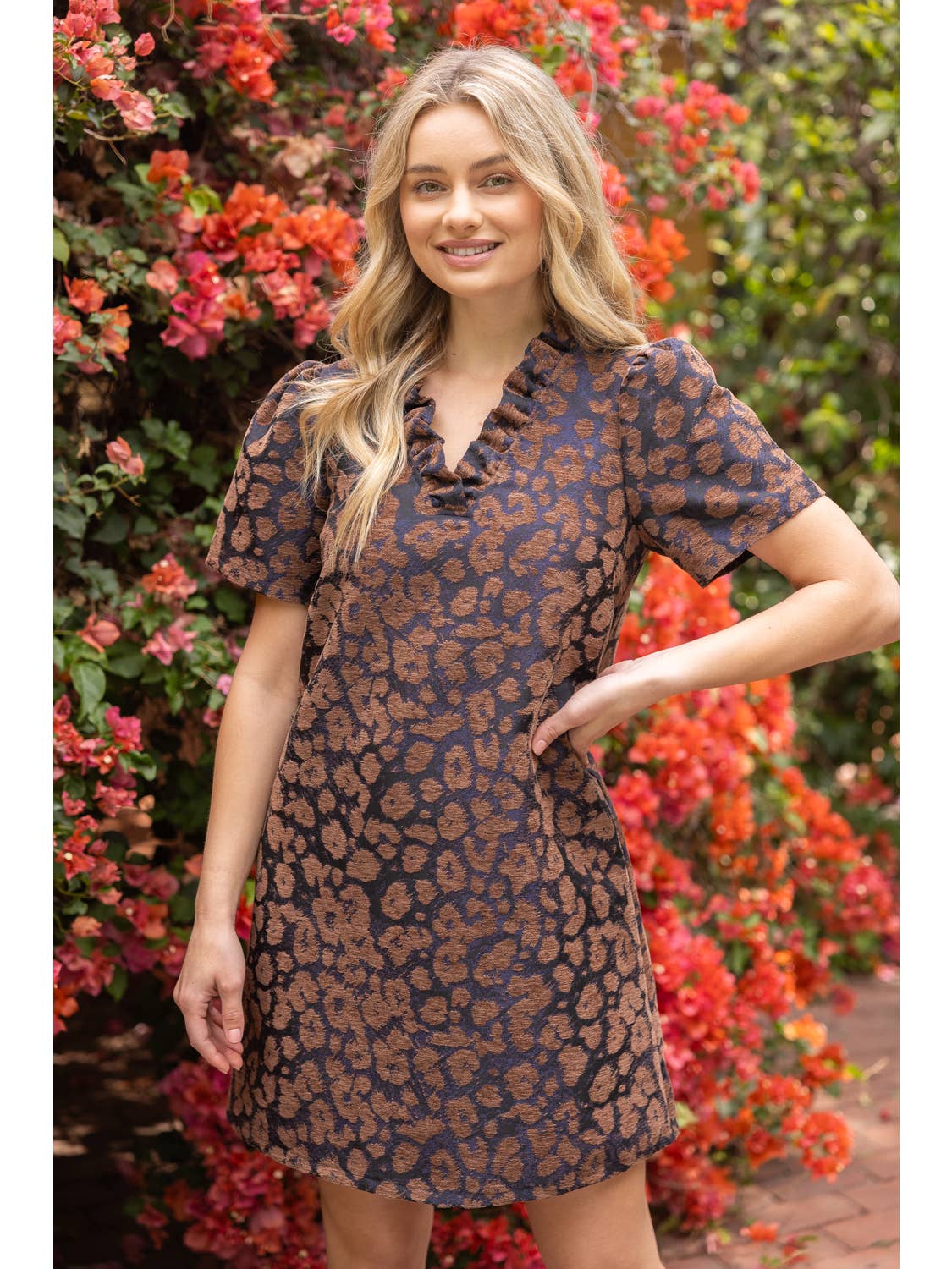 BROWN RUFFLE V-NECK ANIMAL VELVET JACQUARD DRESS