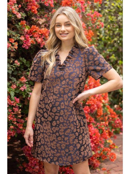 BROWN RUFFLE V-NECK ANIMAL VELVET JACQUARD DRESS