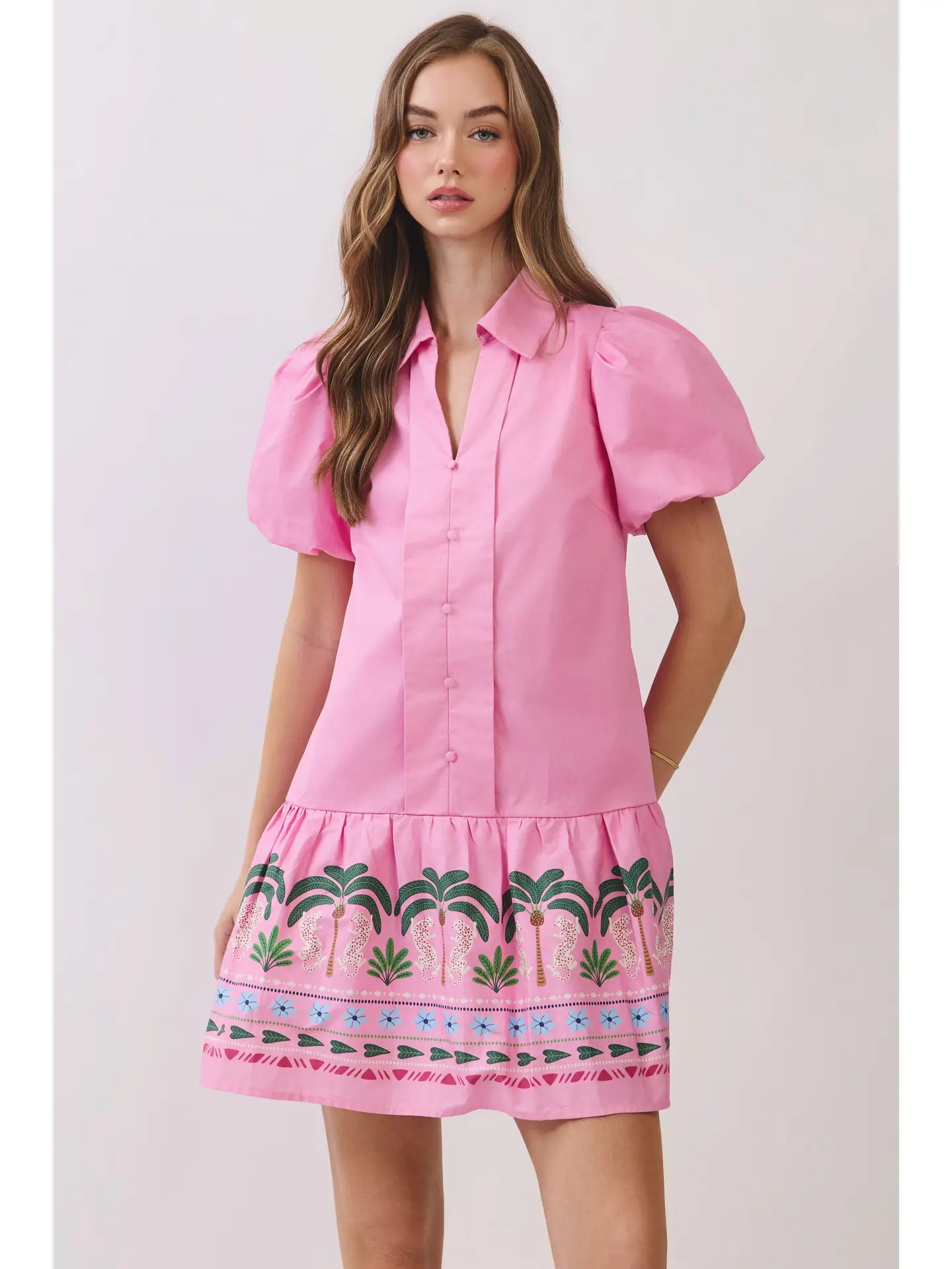 PINK TROPICAL BORDER PUFF SLEEVE MINI DRESS