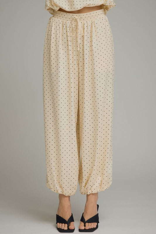 ECRU POLKA DOT ELASTIC HEM PANTS