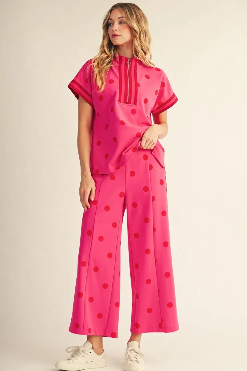 FRONT ZIP POLKA DOT 2PC TOP & PANT SET