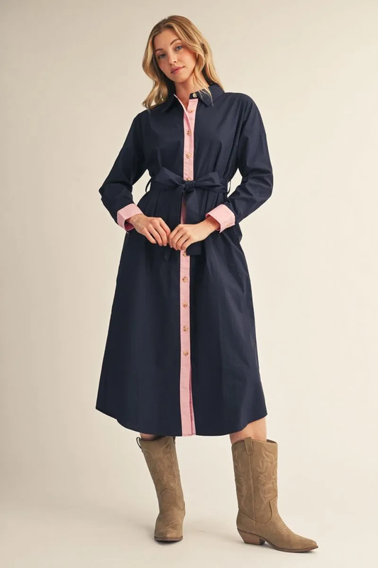NAVY BUTTON DOWN MIDI DRESS WITH TIE WAIST & PINK CONTRAST TRIM