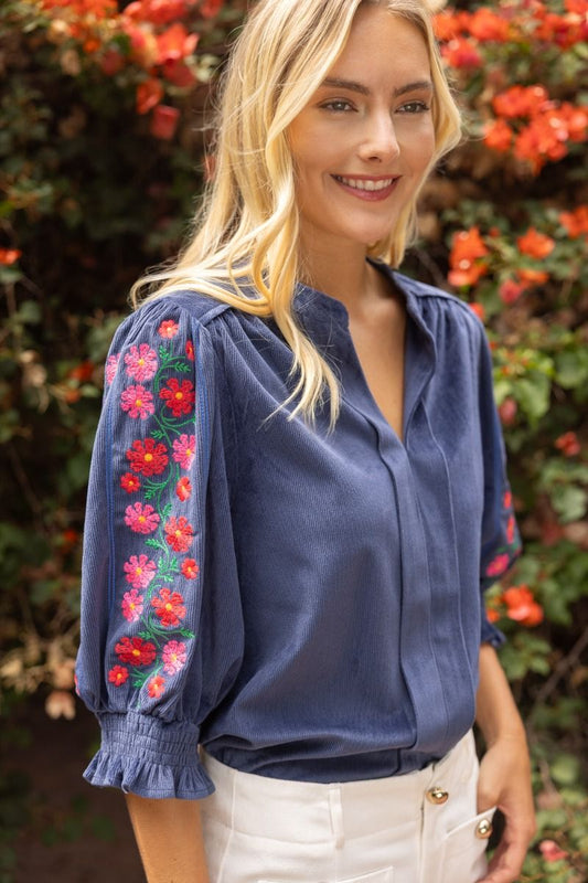 NAVY FLORAL EMBROIDERED CORDUROY TOP
