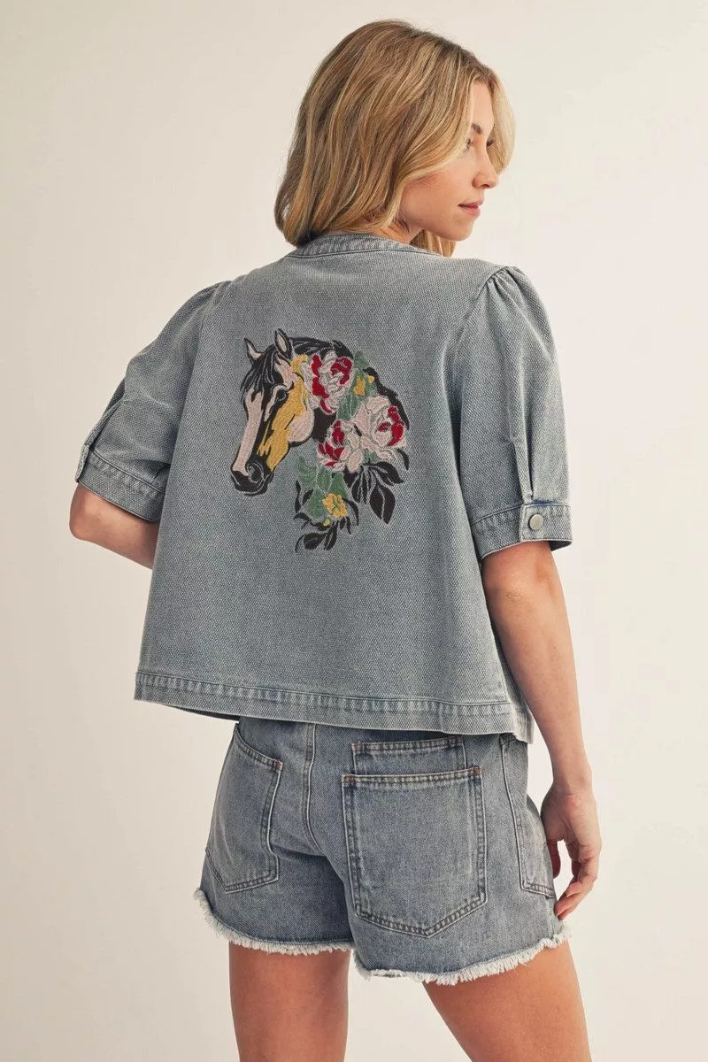 LIGHT DENIM 2PC SHORT SLEEVE JACKET W/HORSE EMBROIDERY & SHORT SET