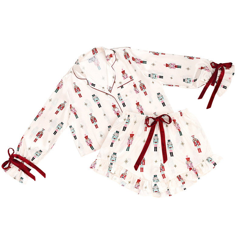 IVORY & NUTCRACKERS 2PC CROPPED & RUFFLED SHORT PJS WITH VELVET TIES