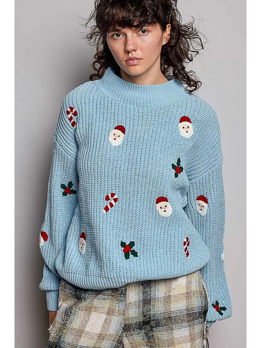LIGHT BLUE CHRISTMAS COZY CHENILLE MOCK NECK SWEATER