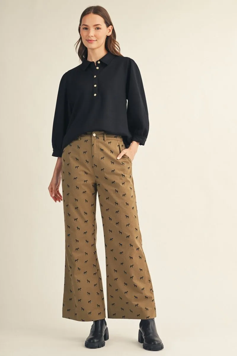 KHAKI PANTS WITH HORSE PRINT DETAIL