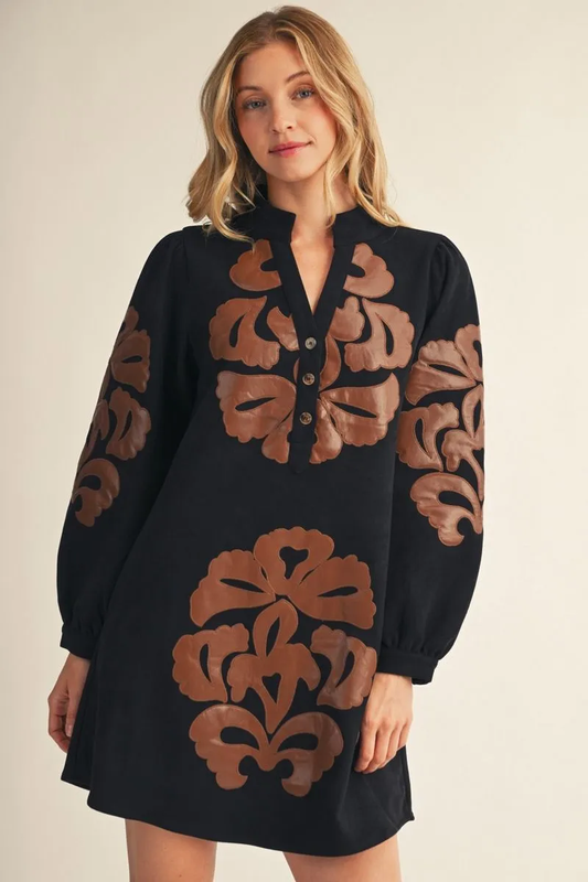 BLACK FAUX SUEDE DRESS WITH FAUX LEATHER APPLIQUE
