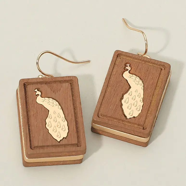 WOODEN MAHJONG TILE CHARM DANGLE EARRINGS