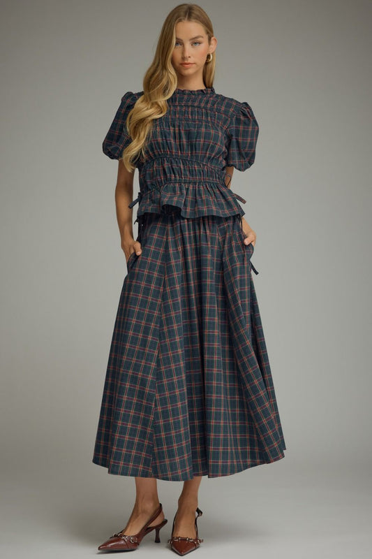 PLAID SHORT PUFF SLEEVE TOP & MIDI SKIRT 2PC SET