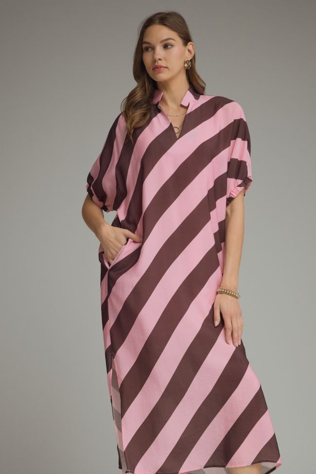 LIGHT PINK & BURGUNDY DIAGONAL STRIPE MIDI DRESS