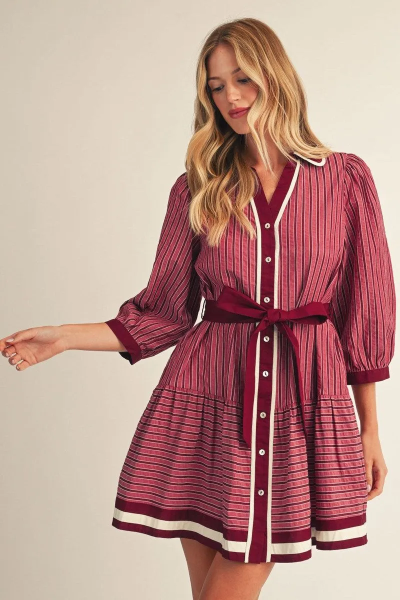 BURGUNDY BUTTON DOWN WAIST TIE STRIPED DRESS