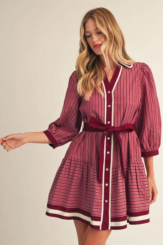 BURGUNDY BUTTON DOWN WAIST TIE STRIPED DRESS