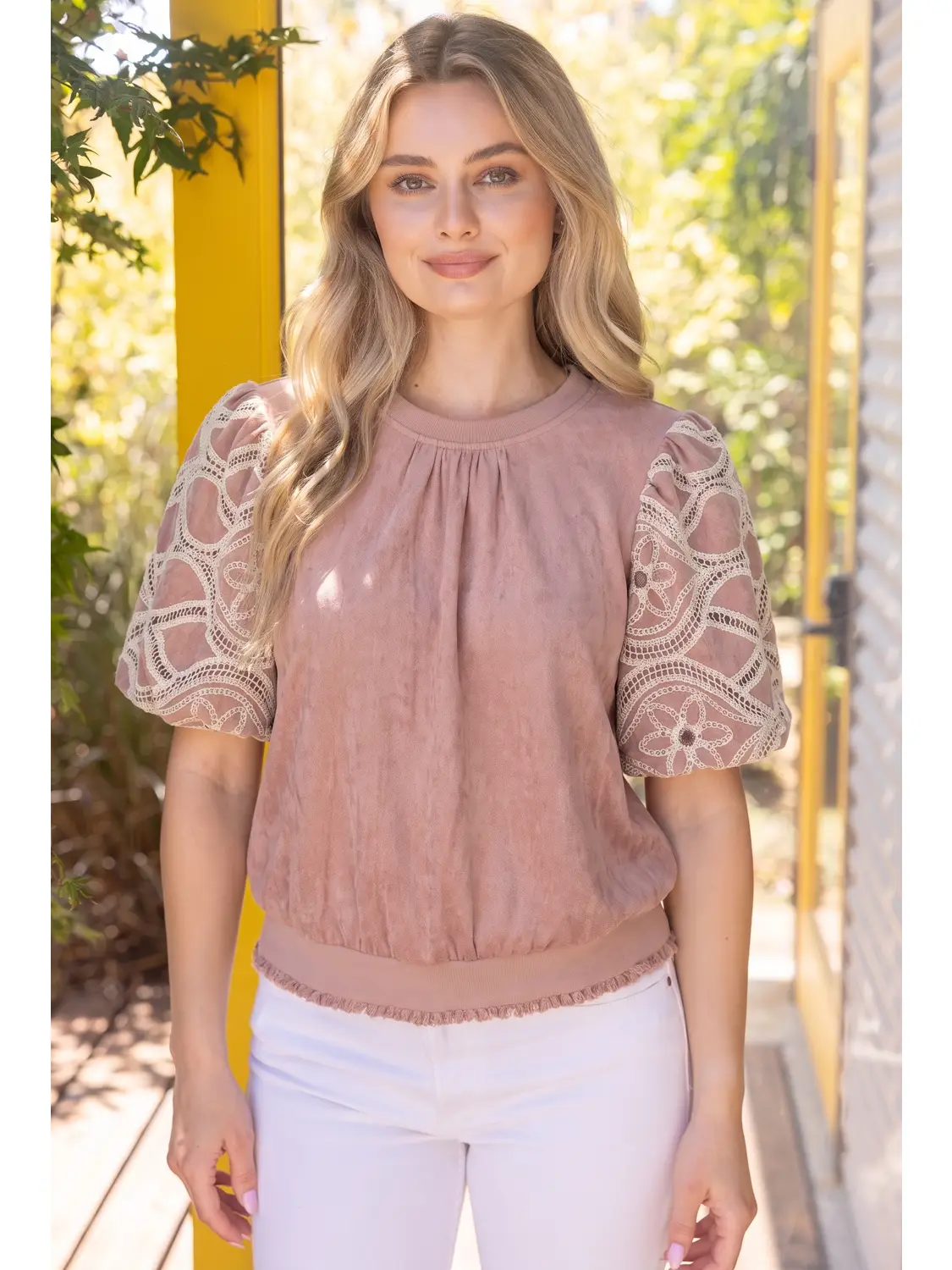 FLORAL EYELET CROCHET BUBBLE SLEEVE SUEDE TOP