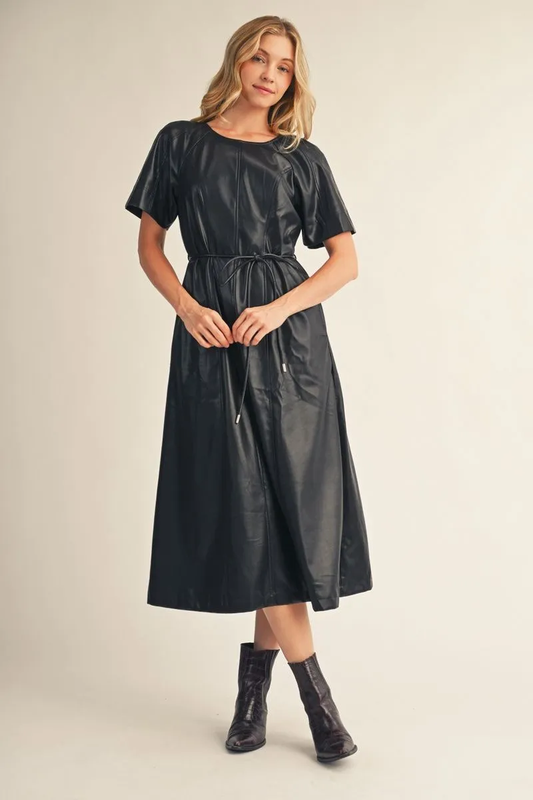 BROWN FAUX LEATHER WAIST TIE MIDI DRESS