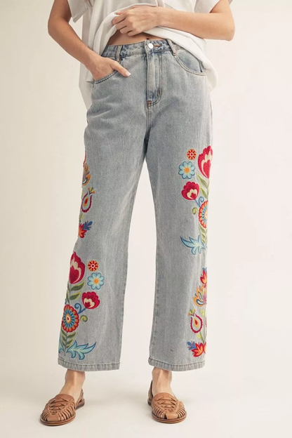 EMBROIDERED WASHED DENIM PANTS