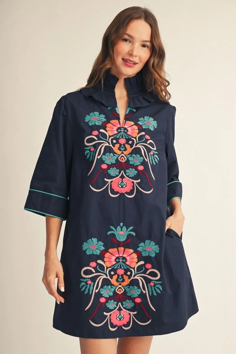 NAVY FLORAL EMBROIDERED DRESS WITH RUFFLED STAND COLLAR