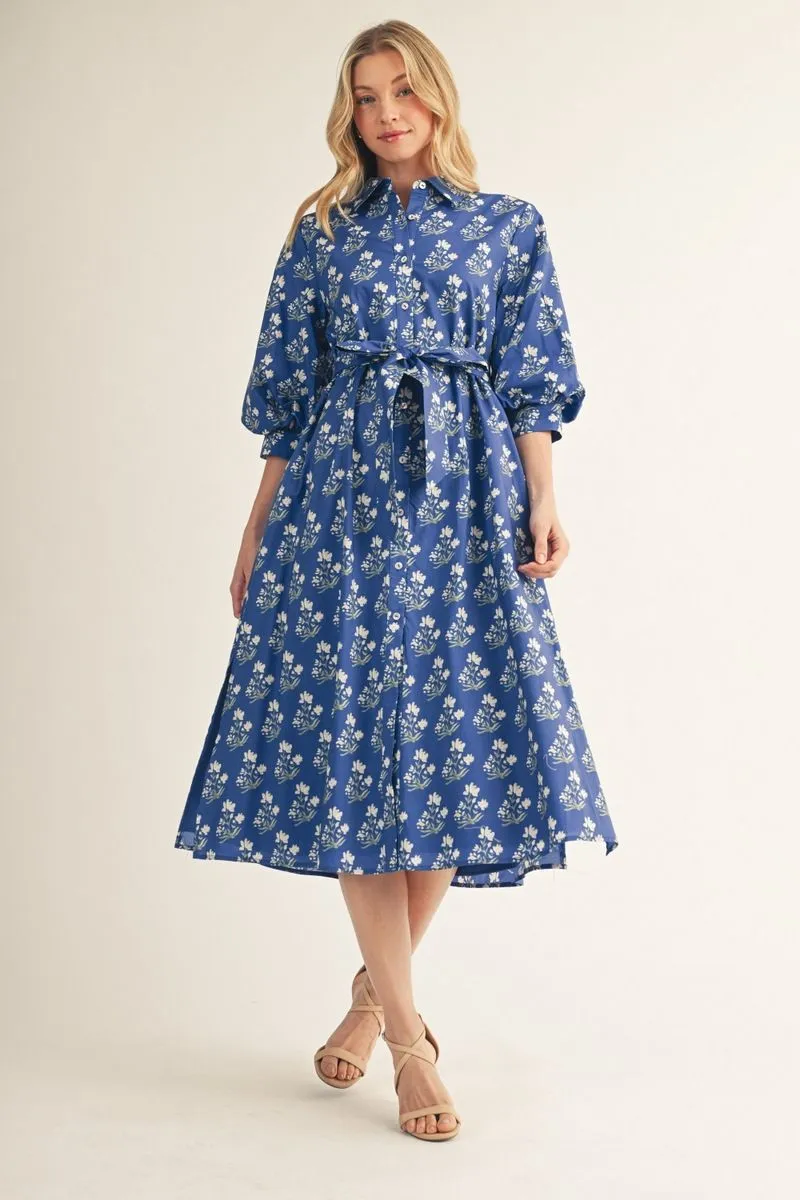 COBALT BLUE FLORAL PUFF SLEEVE FLORAL MIDI DRESS