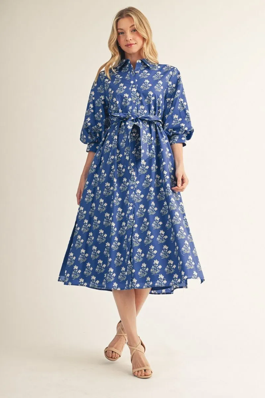 COBALT BLUE FLORAL PUFF SLEEVE FLORAL MIDI DRESS