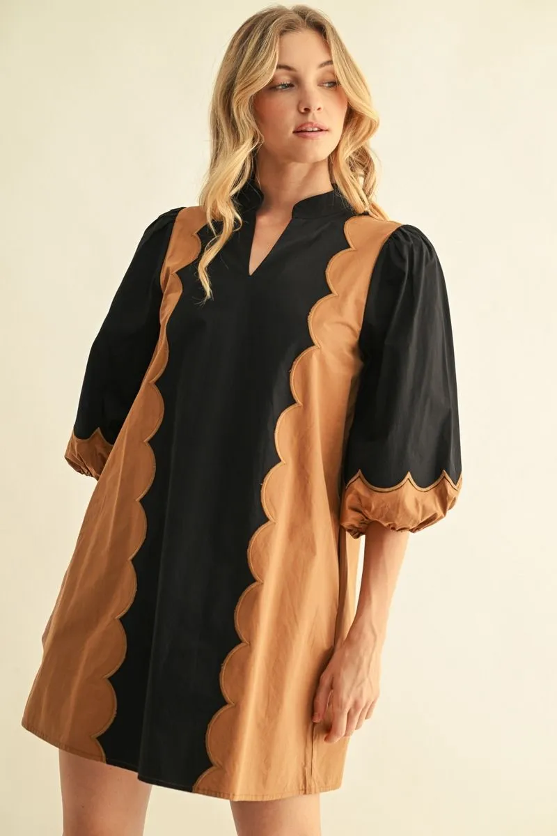 BLACK 3/4 SLEEVE SOLID MIXED MEDIA SHIFT DRESS