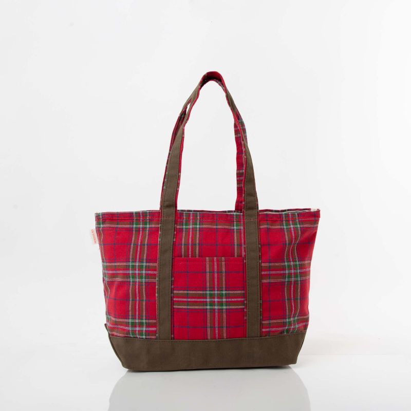 PLAID WITH OLIVE WAXED TRIM TOTE - MEDIUM