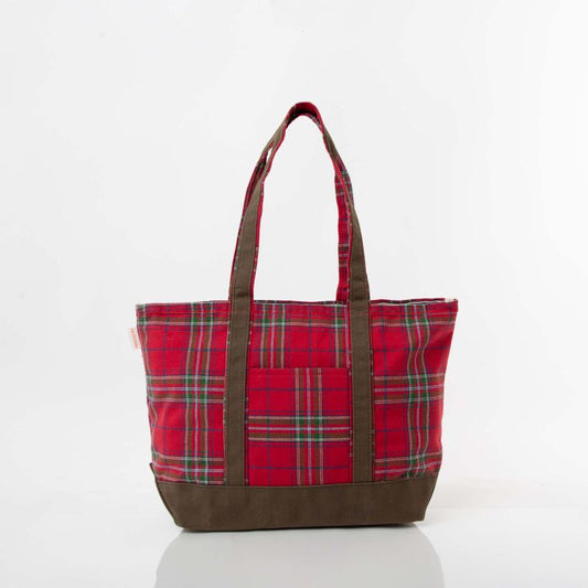 PLAID WITH OLIVE WAXED TRIM TOTE - MEDIUM
