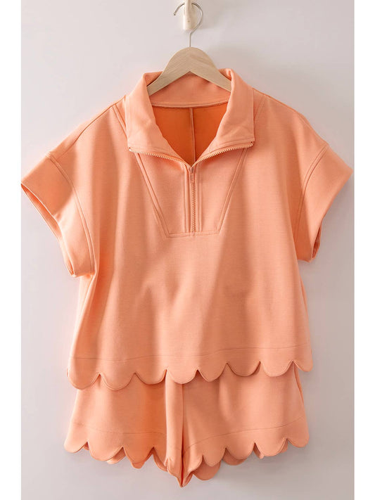 CORAL HALF ZIP SCALLOP ACTIVE WEAR 2PC SHORT SET