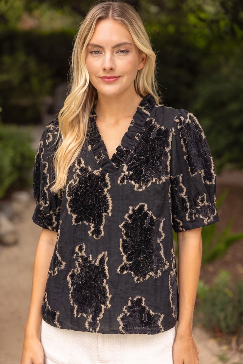 BLACK RUFFLED V NECK TEXTURED BURNOUT VELVET TOP