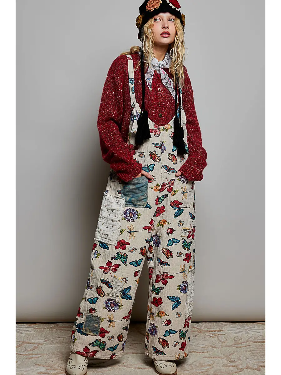 ALMOND BUTTERFLY VINTAGE FLORAL PATCHWORK PRINT DISTRESSED WIDE LEG OVERALLS