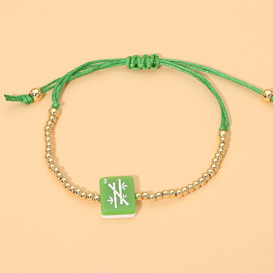 DECORATIVE MAHJONG CHARM BEADED ADJUSTABLE CINCH PULL TIE BRACELET