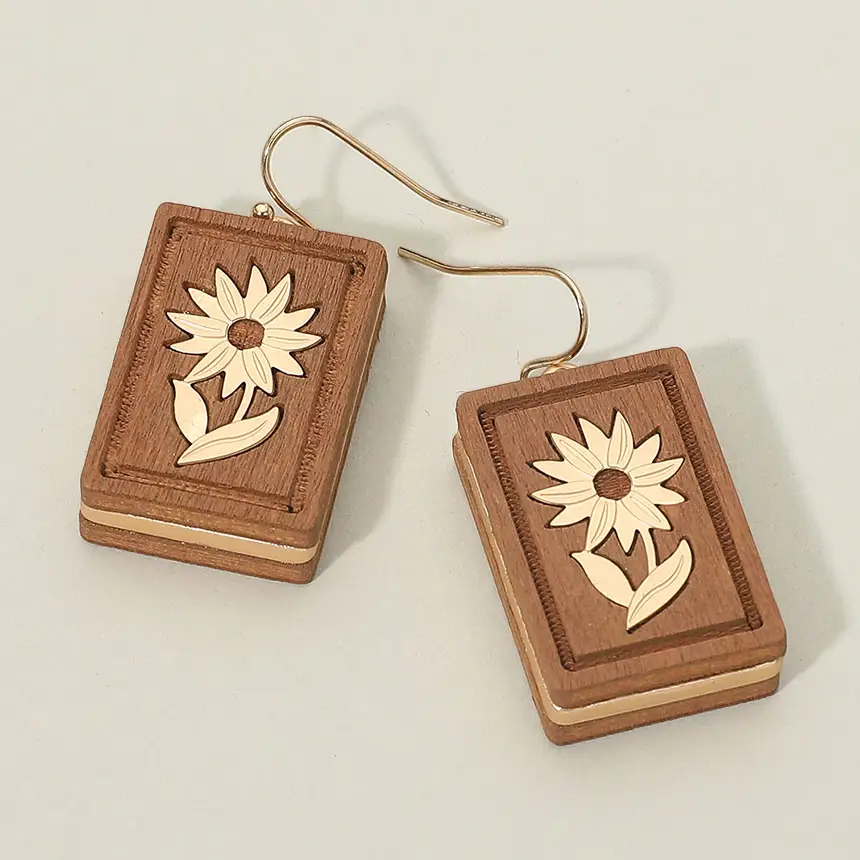 WOODEN MAHJONG TILE CHARM DANGLE EARRINGS