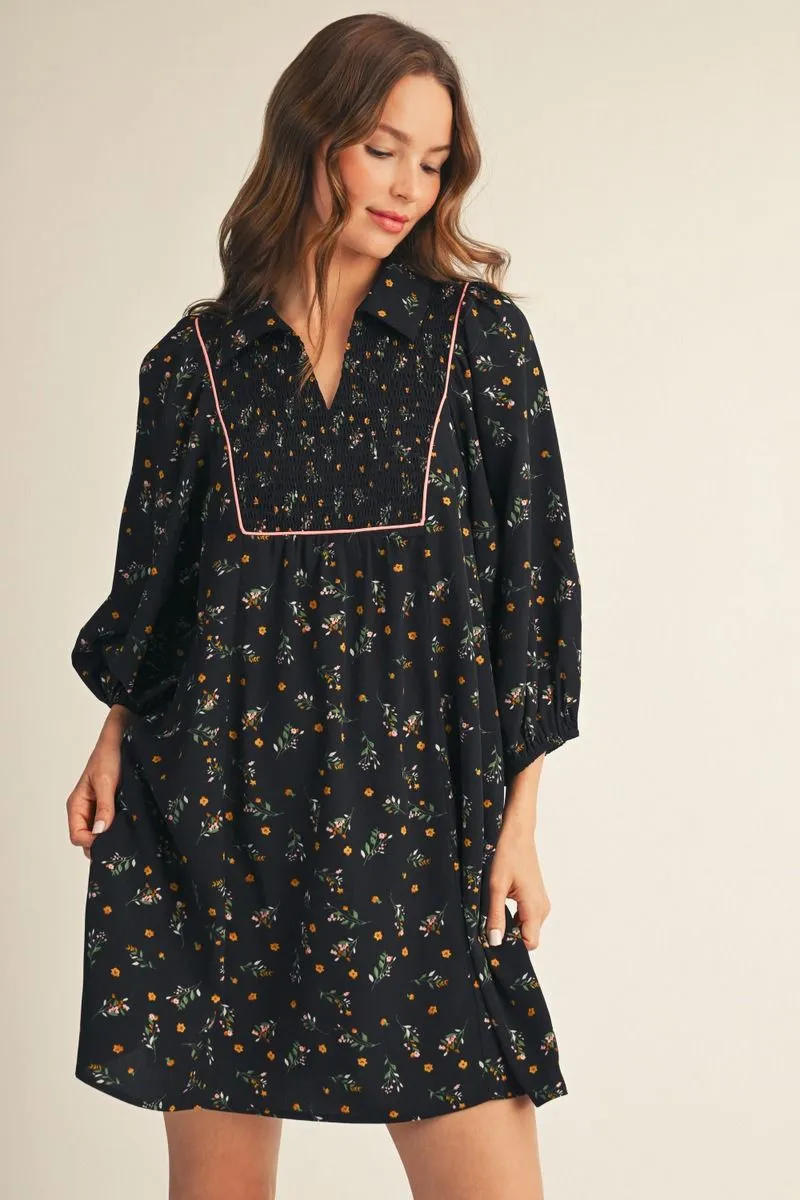 BLACK FLORAL PEASANT STYLE DRESS