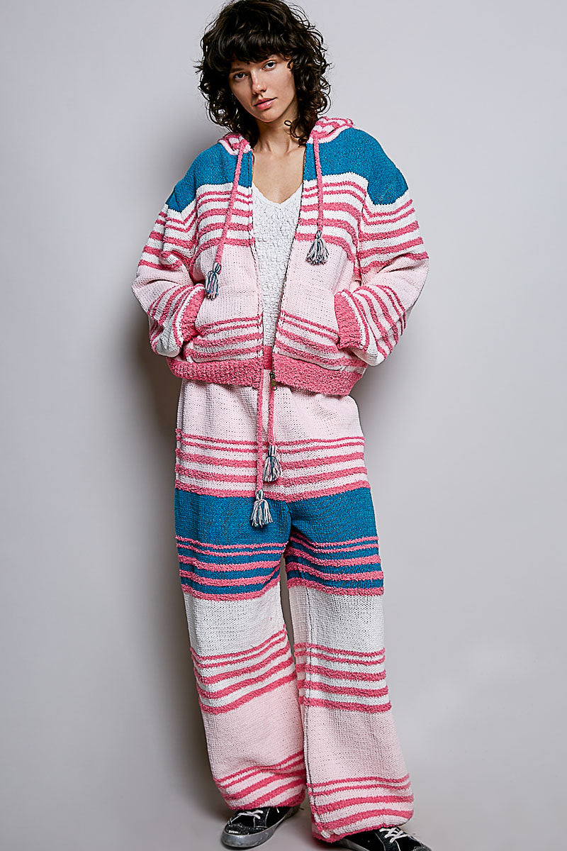 PINK MULTI STRIPE BERBER SWEATER PANTS & ZIP UP SWEATER 2PC SET