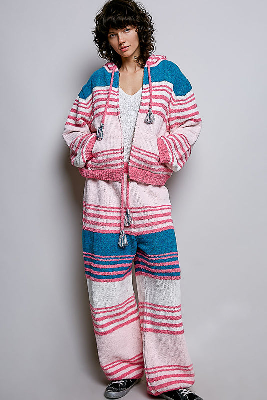 PINK MULTI STRIPE BERBER SWEATER PANTS & ZIP UP SWEATER 2PC SET