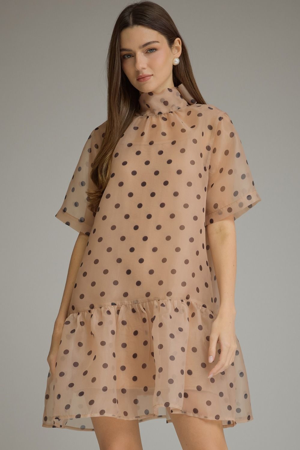 ECRU POLKA DOT SHORT SLEEVE MINI DRESS WITH HIGH NECK & BACK TIE DETAIL